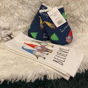 NWT RAE DUNN GNOME "BELIEVE" KITCHEN TOWELS AND "SO VERY MERRY" OVEN MITTS SET